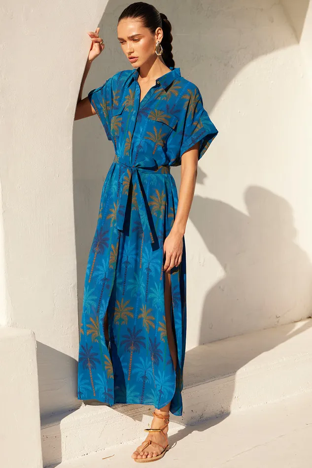 Misa Los Angeles Lou Dress Cobalt Palms Chiffon Women Dresses