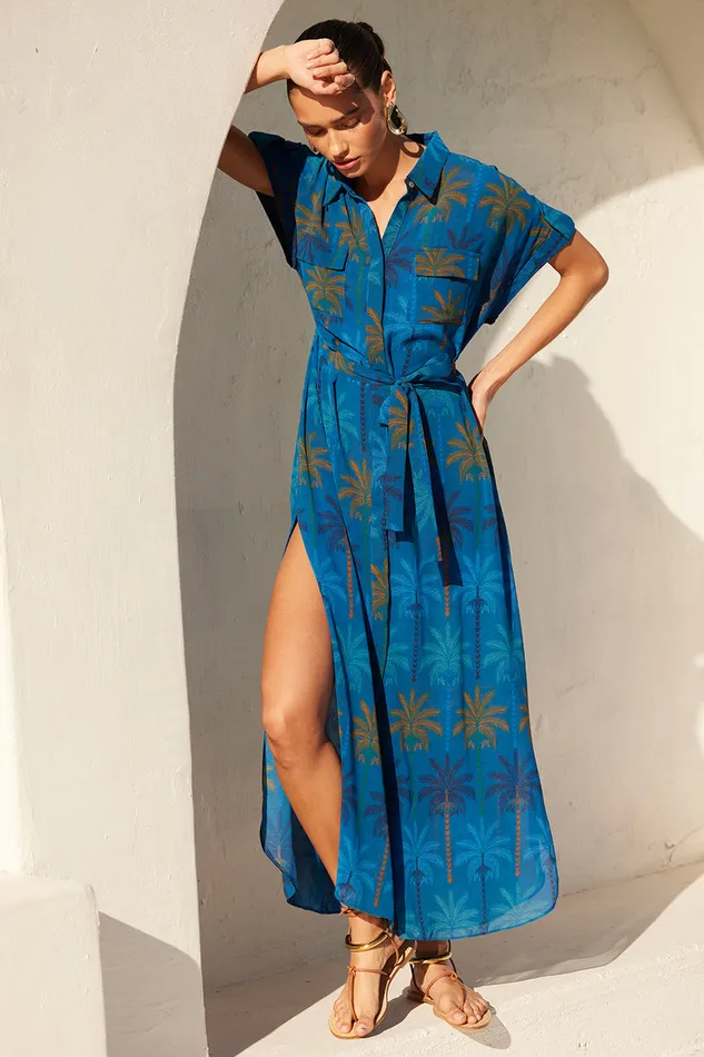 Misa Los Angeles Lou Dress Cobalt Palms Chiffon Women Dresses