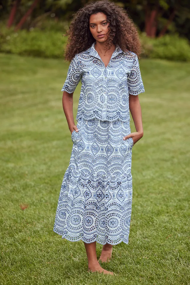 Misa Los Angeles Magda Top Blue Embroidered Eyelet Women Matching Sets