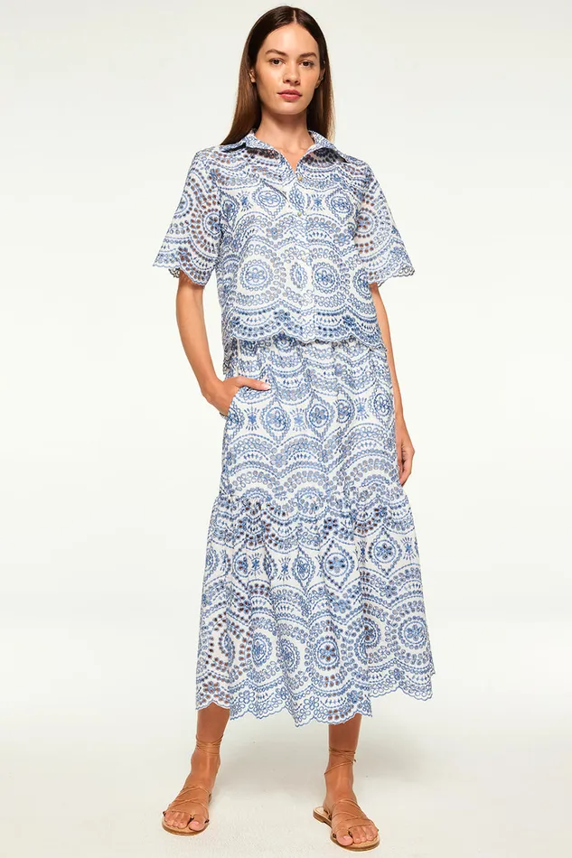 Misa Los Angeles Magda Top Blue Embroidered Eyelet Women Matching Sets