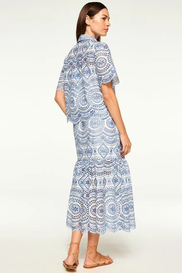 Misa Los Angeles Magda Top Blue Embroidered Eyelet Women Matching Sets