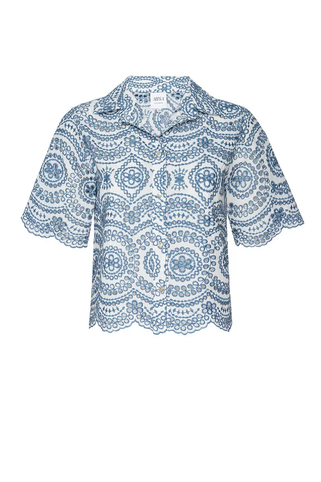 Misa Los Angeles Magda Top Blue Embroidered Eyelet Women Matching Sets