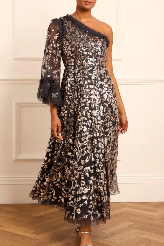 Needle and Thread Dresses Falling Leaves OneShoulder Ankle Gown Black 8211 Women