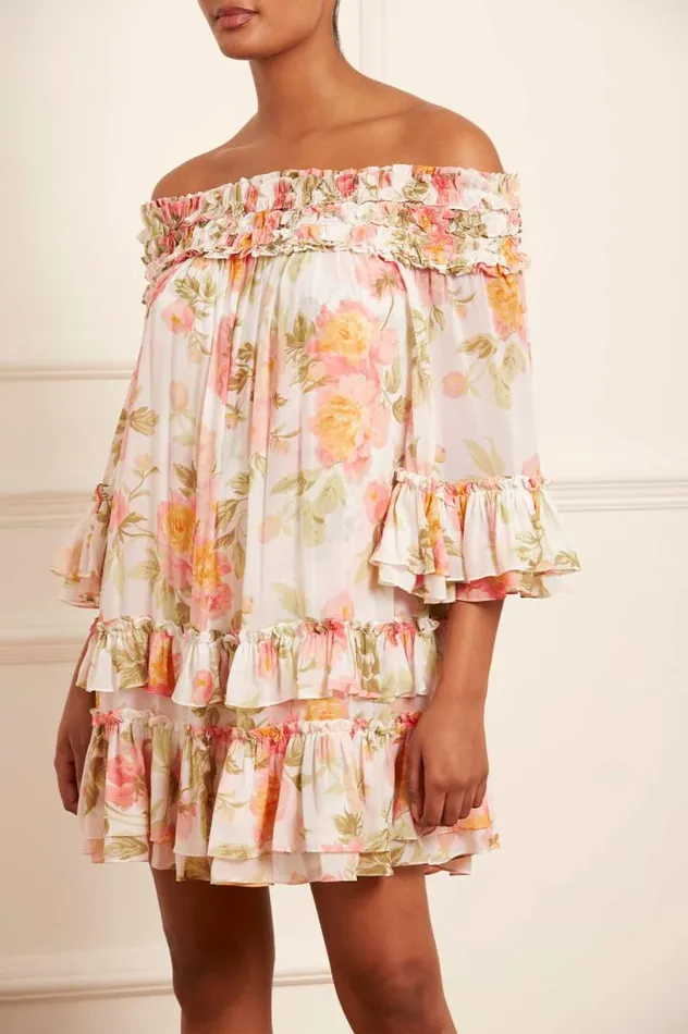 Needle and Thread Dresses Peony Promise Chiffon OffShoulder Tiered Micro Mini Dress Multi 8211 Women