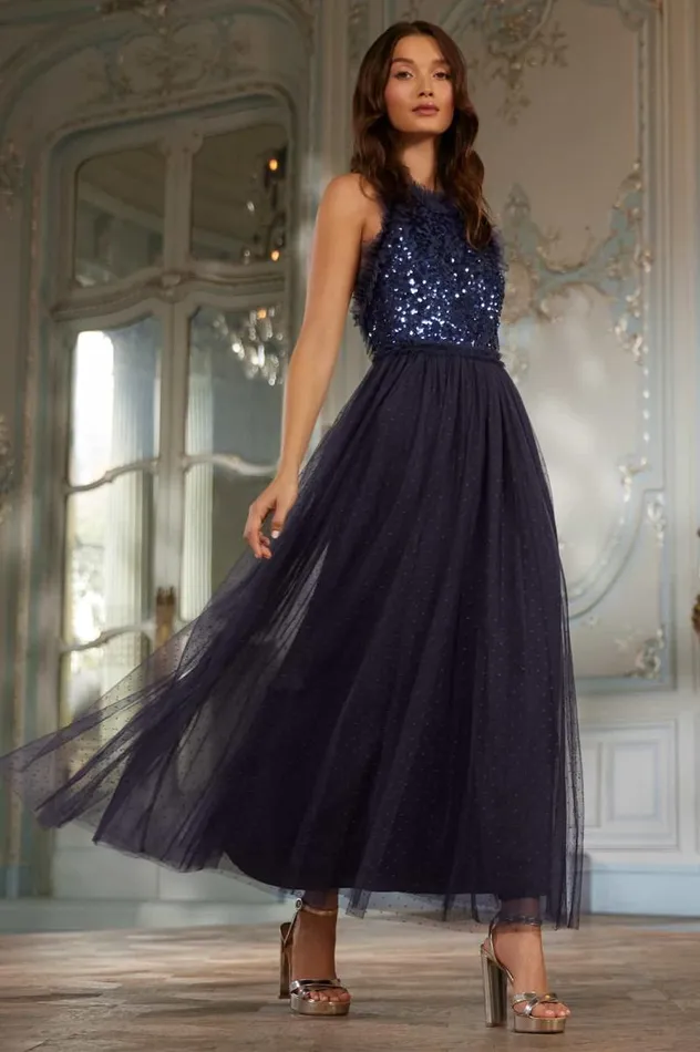 Needle and Thread Dresses Sequin Wreath Bodice Halter Neck Ankle Gown Blue 8211 Women