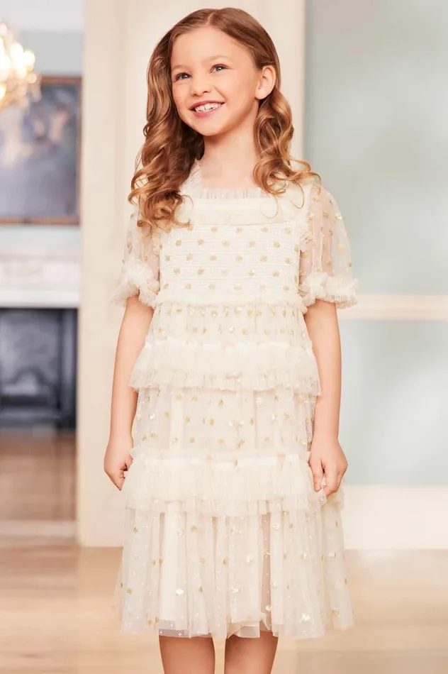 Needle and Thread Kids Partywear Polka Dot Smocked Kids Dress Champagne 8211 Kids