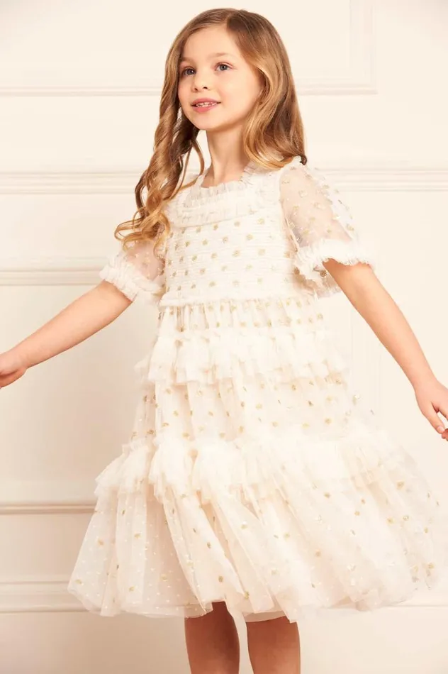 Needle and Thread Kids Partywear Polka Dot Smocked Kids Dress Champagne 8211 Kids