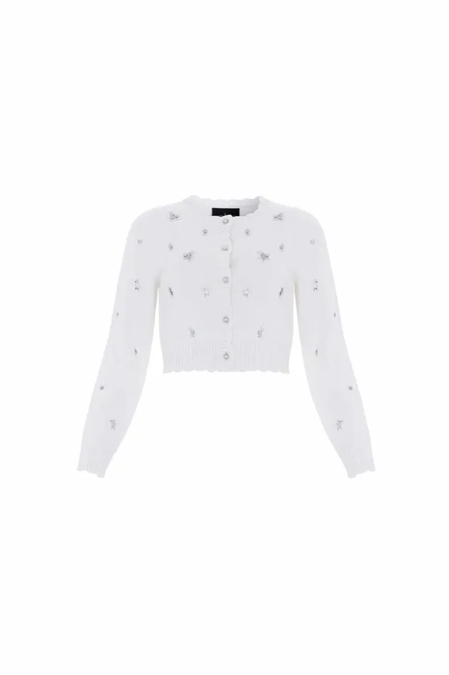 Needle and Thread Knitwear Scattered Floral Embellished Short Cardigan Champagne 8211 Women