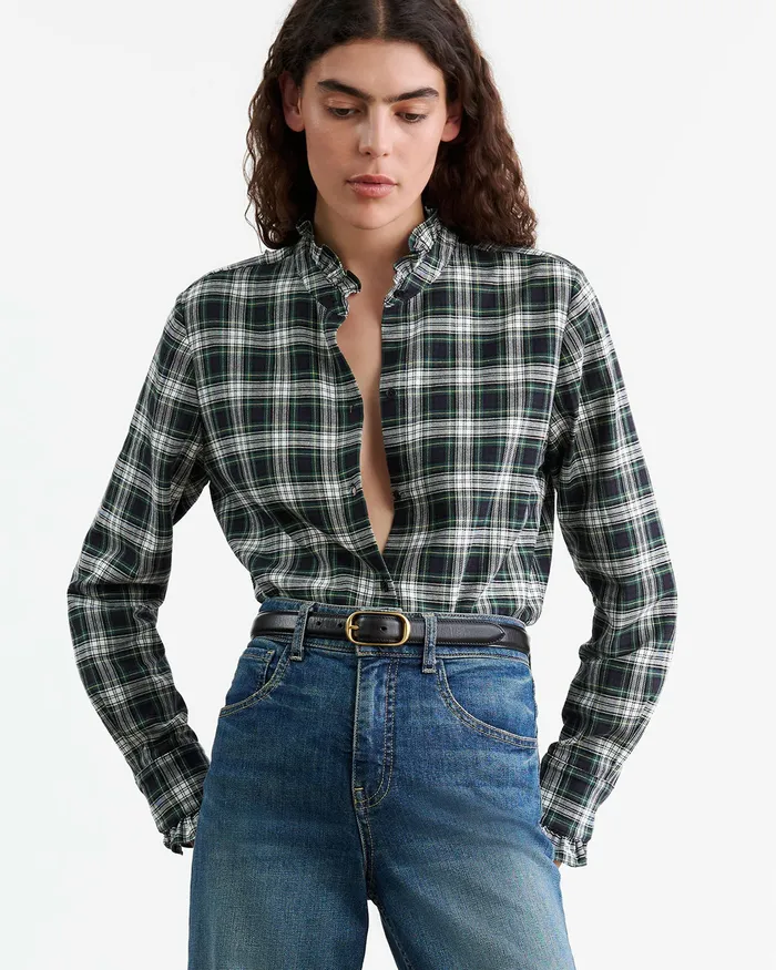 Nili Lotan LYDIA SHIRT IvoryGreen Plaid Women Tops