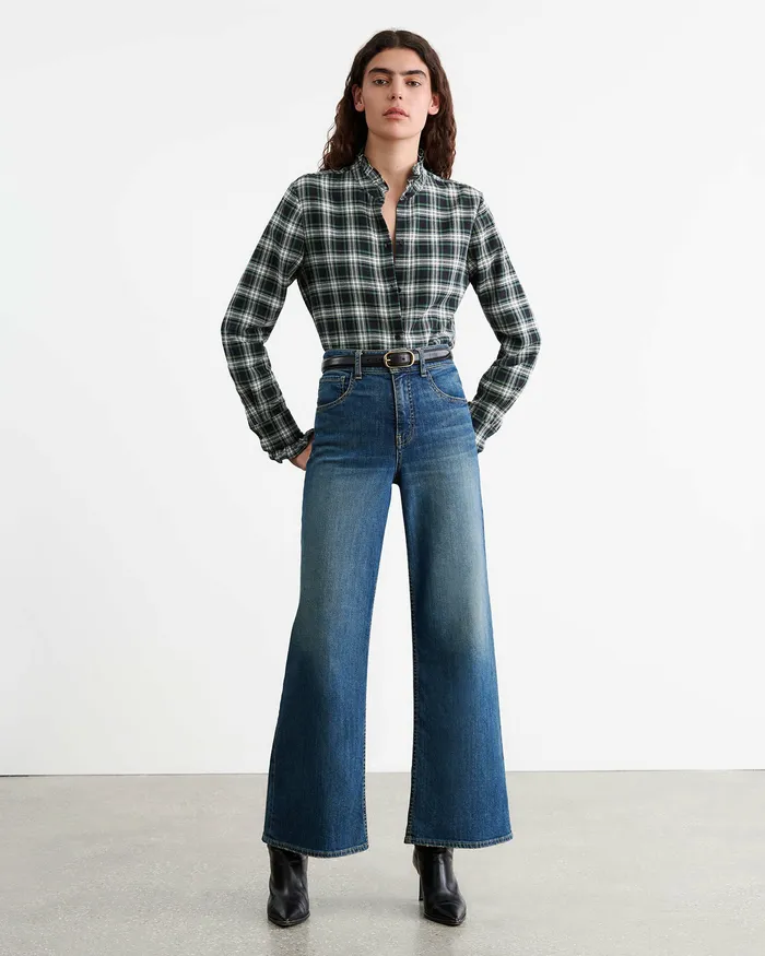 Nili Lotan LYDIA SHIRT IvoryGreen Plaid Women Tops