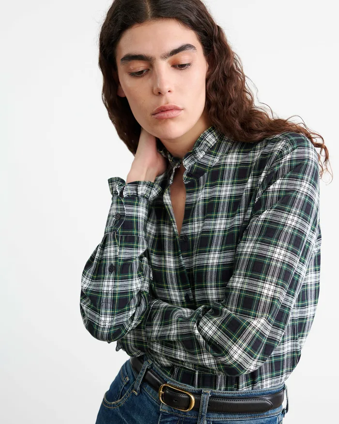 Nili Lotan LYDIA SHIRT IvoryGreen Plaid Women Tops