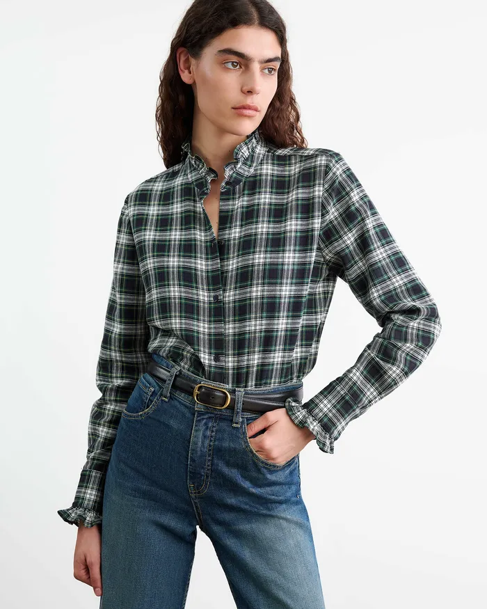 Nili Lotan LYDIA SHIRT IvoryGreen Plaid Women Tops