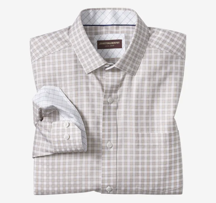 NonIron Dress Shirt Tan Twill Gingham Apparel Johnston and Murphy Men