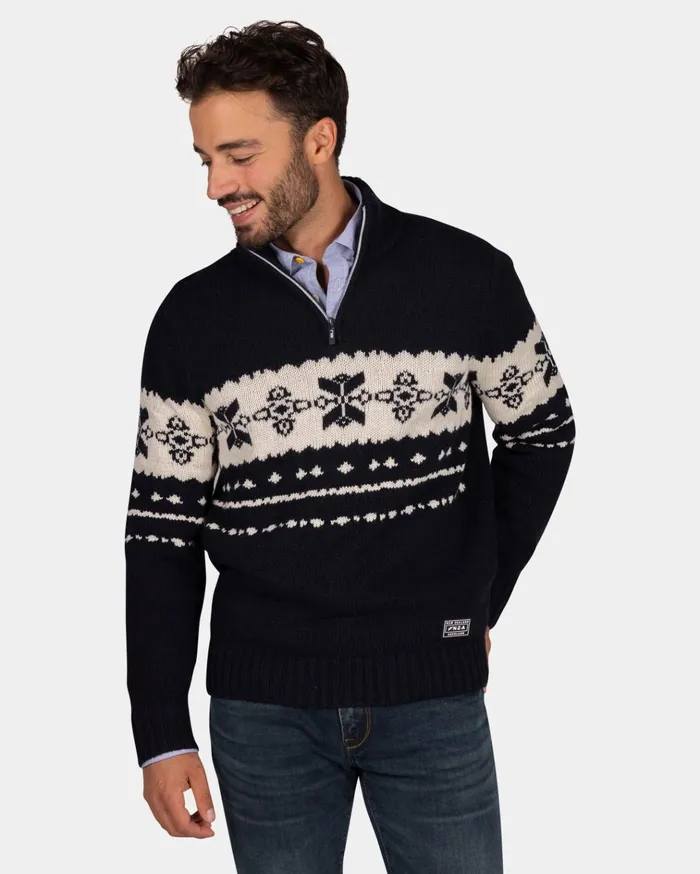 NZA New Zealand Auckland Knitwear Dark Blue Sweater With Ecru Pattern 8211 Winter Navy 8211 Men