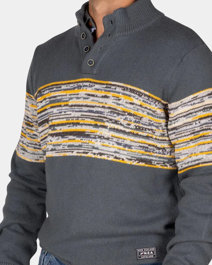 NZA New Zealand Auckland Knitwear Grey Cotton Sweater With Yellow And Black Print 8211 Ash Grey 8211 Men