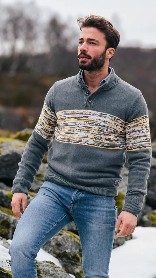NZA New Zealand Auckland Knitwear Grey Cotton Sweater With Yellow And Black Print 8211 Ash Grey 8211 Men
