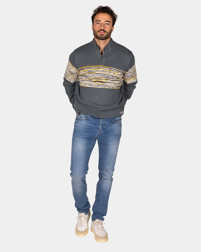 NZA New Zealand Auckland Knitwear Grey Cotton Sweater With Yellow And Black Print 8211 Ash Grey 8211 Men