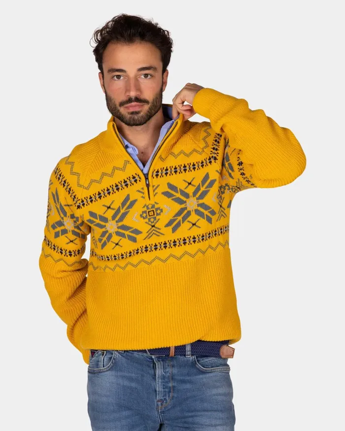 NZA New Zealand Auckland Knitwear Ochre Yellow HalfZip Pullover With Colored Pattern 8211 Warm Ocre 8211 Men NZA New Zealand Auckland Knitwear Ochre Yellow HalfZip Pullover With Colored Pattern 8211 Warm Ocre 8211 Men