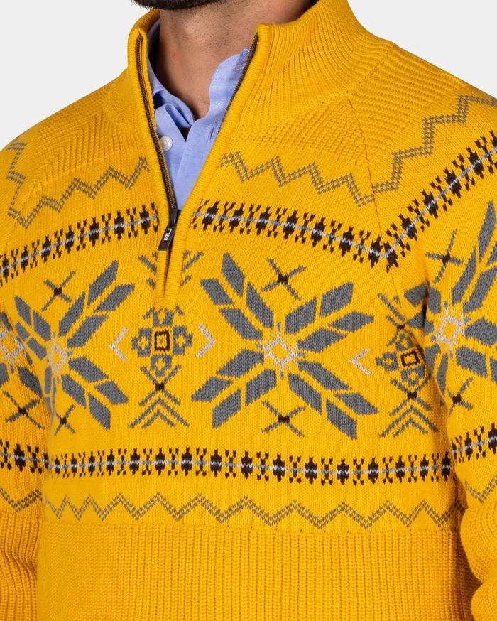 NZA New Zealand Auckland Knitwear Ochre Yellow HalfZip Pullover With Colored Pattern 8211 Warm Ocre 8211 Men