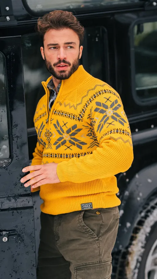 NZA New Zealand Auckland Knitwear Ochre Yellow HalfZip Pullover With Colored Pattern 8211 Warm Ocre 8211 Men