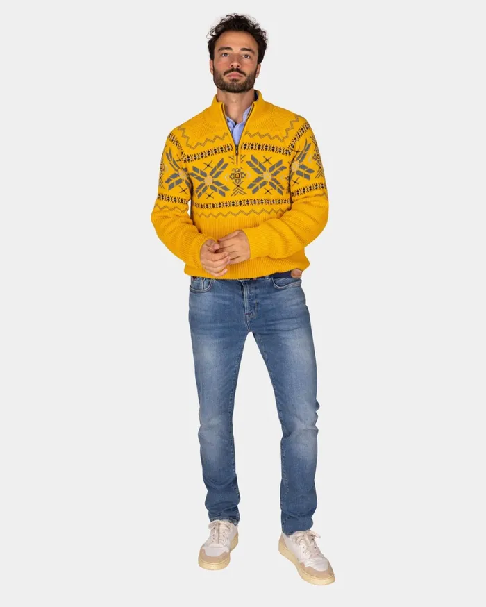NZA New Zealand Auckland Knitwear Ochre Yellow HalfZip Pullover With Colored Pattern 8211 Warm Ocre 8211 Men