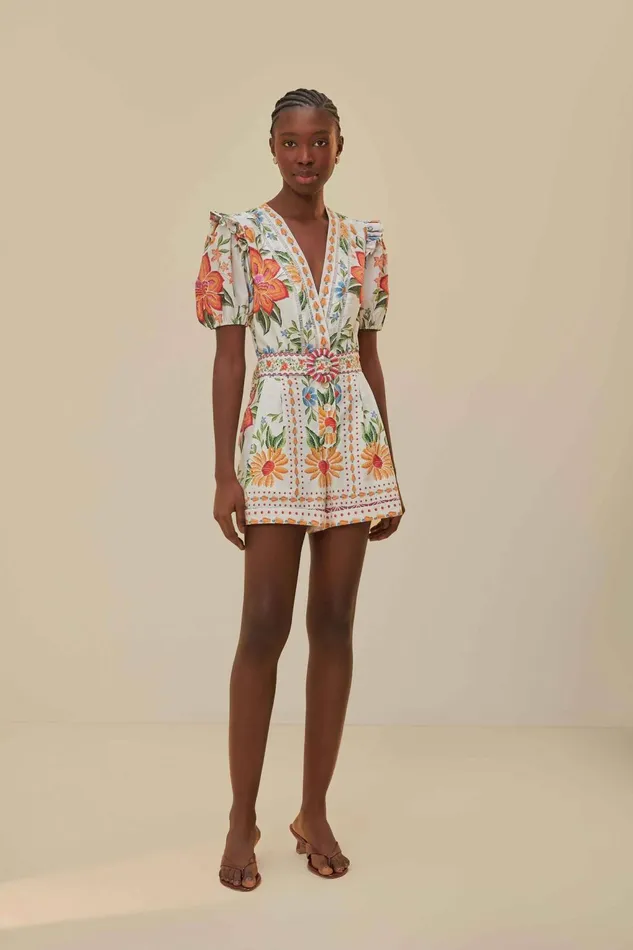 OffWhite Bloom Garden Lenzing Ecovero Euroflax Romper Women Farm Rio Rompers