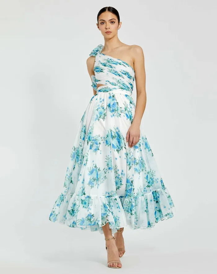 One Shoulder Ruffle CutOut Chiffon Midi Dress White Multi Daytime Dresses Mac Duggal Women
