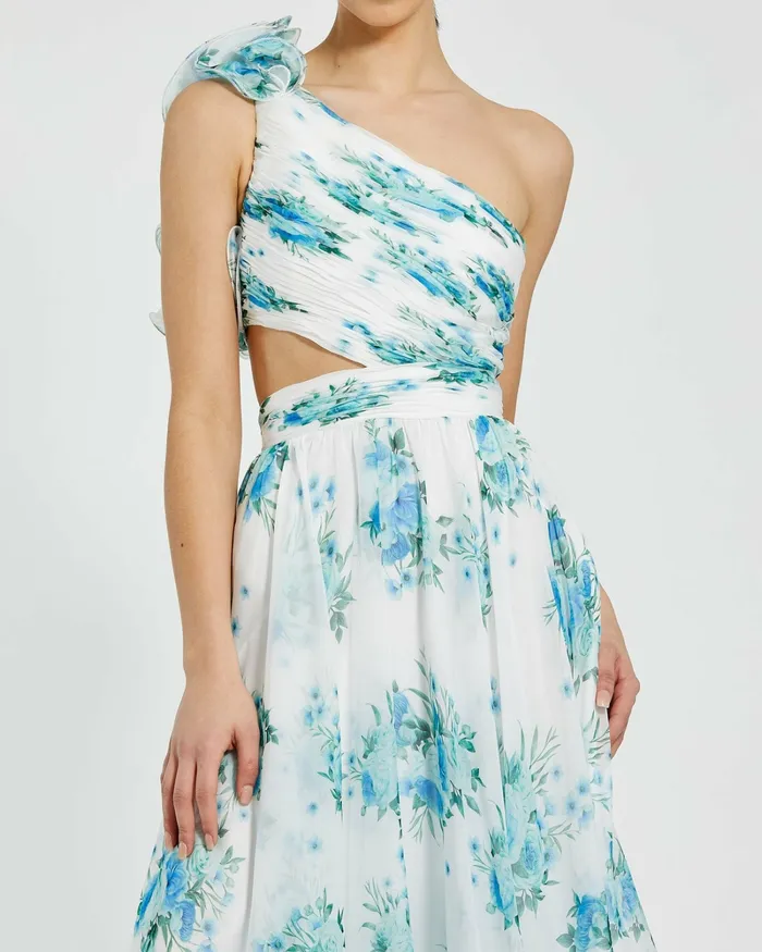 One Shoulder Ruffle CutOut Chiffon Midi Dress White Multi Daytime Dresses Mac Duggal Women