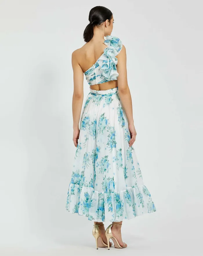 One Shoulder Ruffle CutOut Chiffon Midi Dress White Multi Daytime Dresses Mac Duggal Women