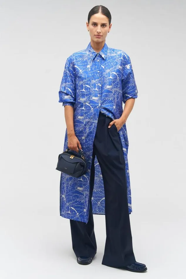 Oroton Dresses Map Print Shirt Dress Indigo 8211 Women