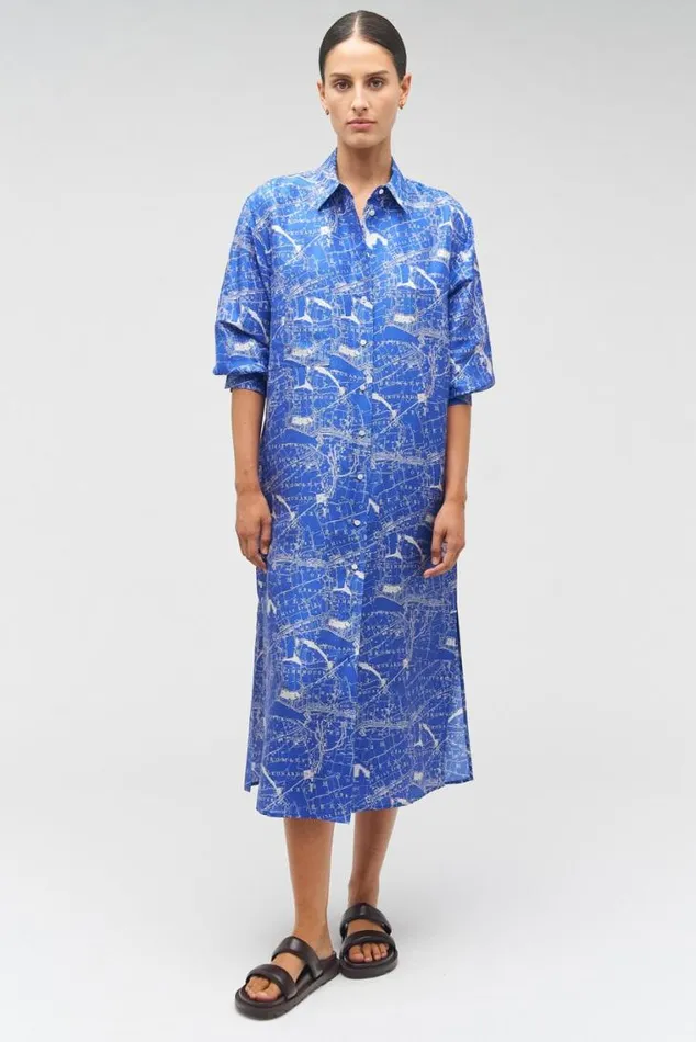 Oroton Dresses Map Print Shirt Dress Indigo 8211 Women