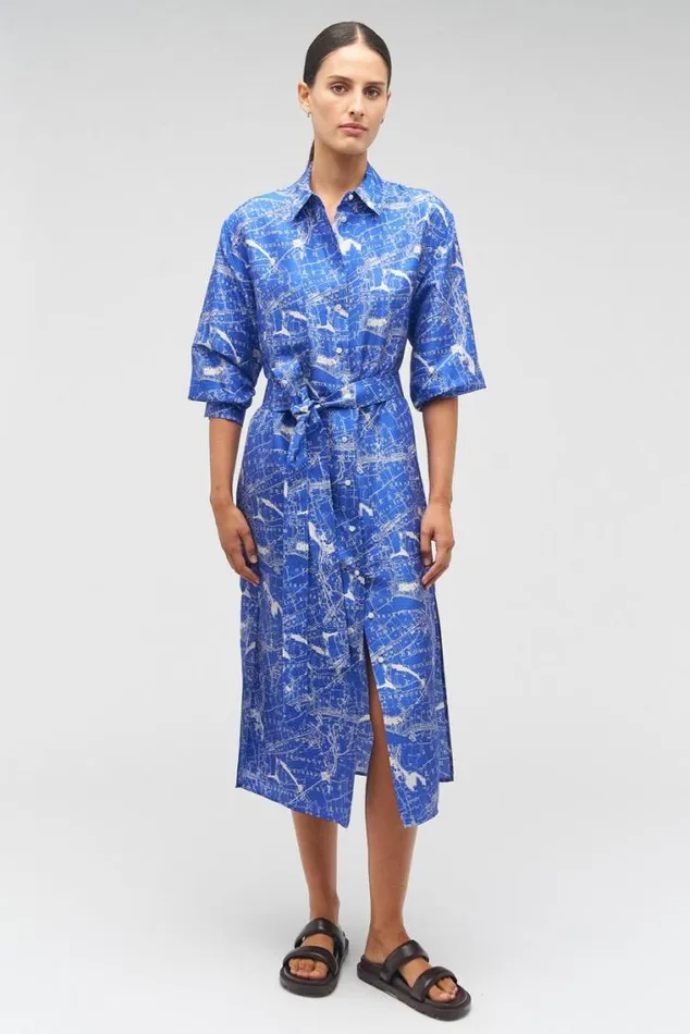 Oroton Dresses Map Print Shirt Dress Indigo 8211 Women