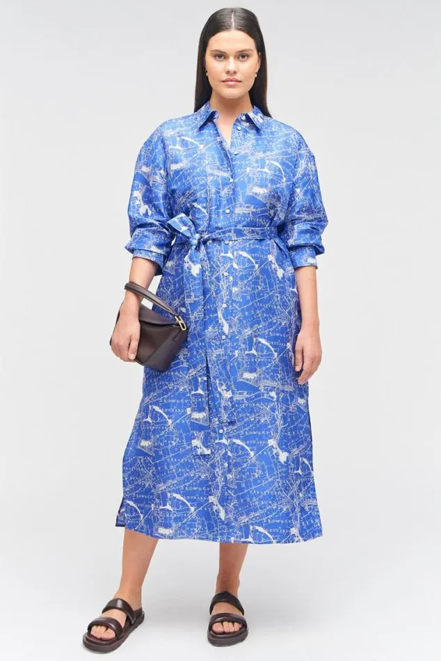 Oroton Dresses Map Print Shirt Dress Indigo 8211 Women