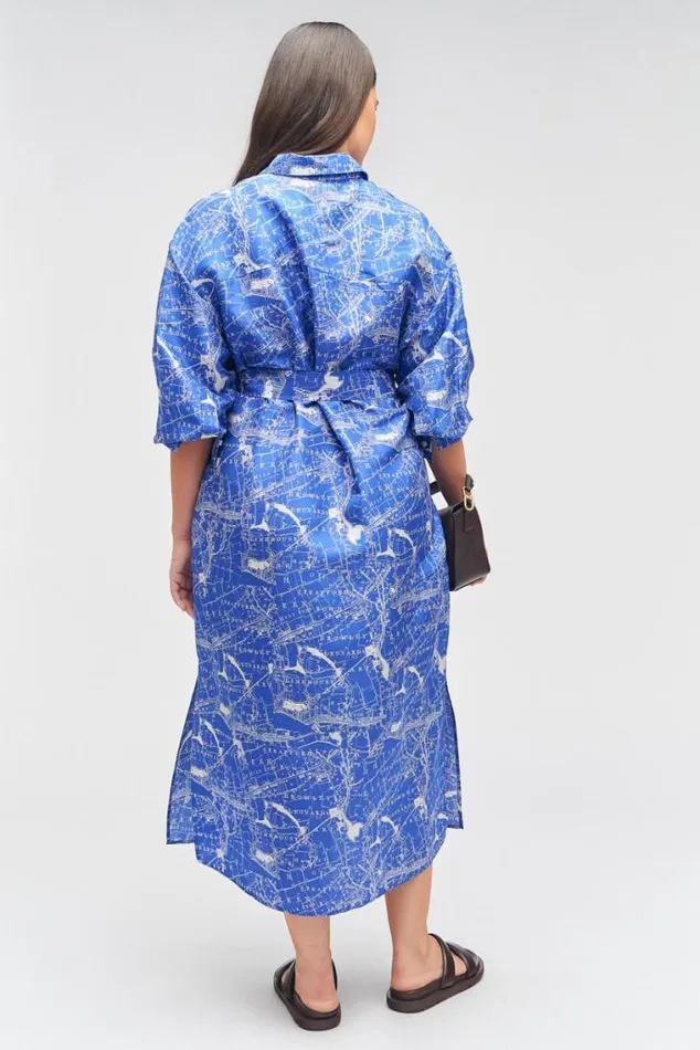 Oroton Dresses Map Print Shirt Dress Indigo 8211 Women