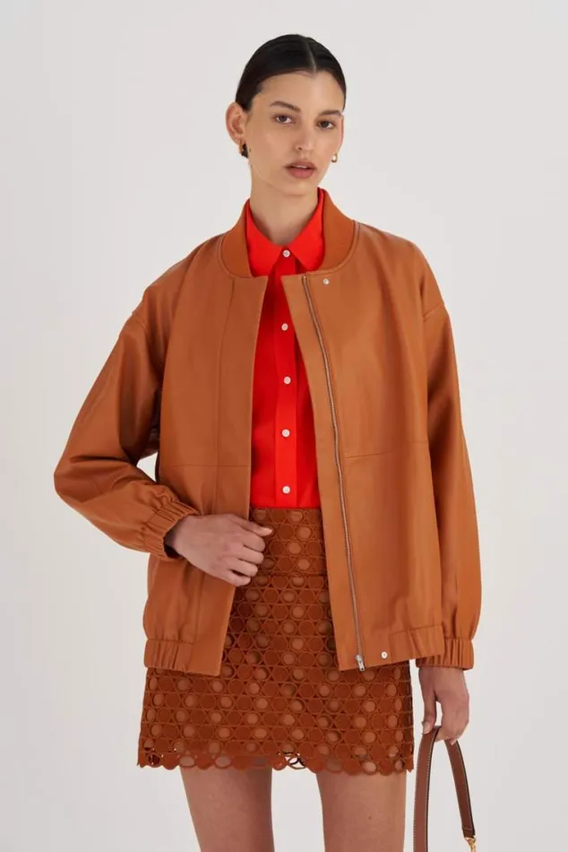 Oroton Jackets and Outerwear Leather Bomber Tan 8211 Women