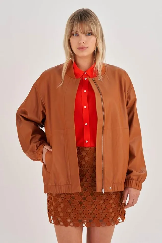 Oroton Jackets and Outerwear Leather Bomber Tan 8211 Women