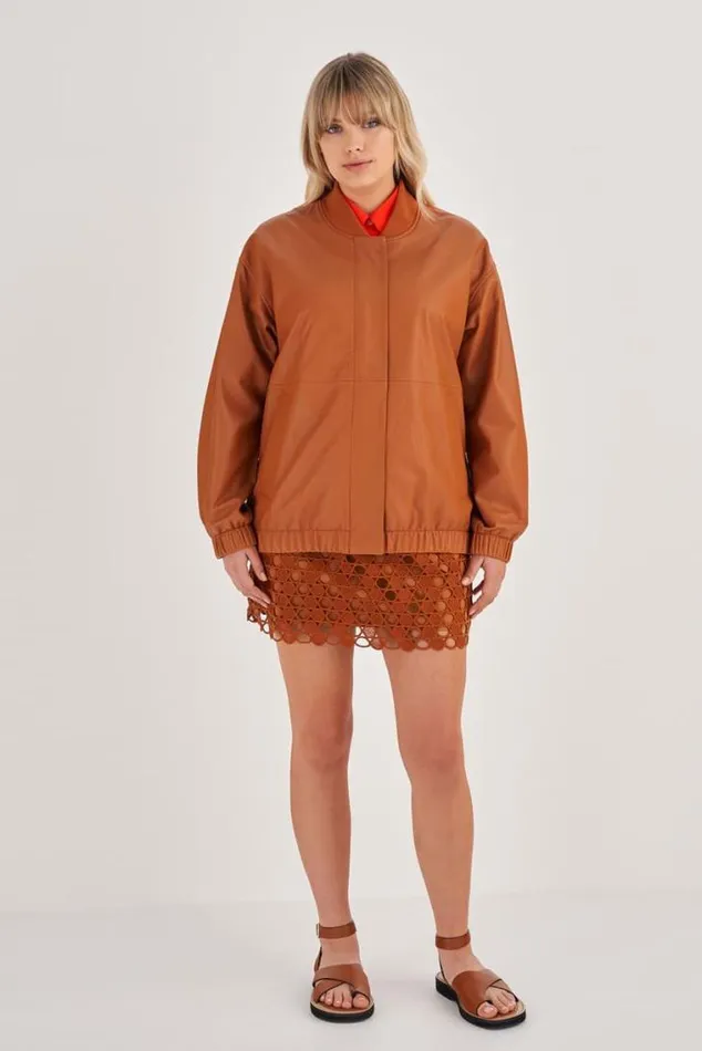 Oroton Jackets and Outerwear Leather Bomber Tan 8211 Women