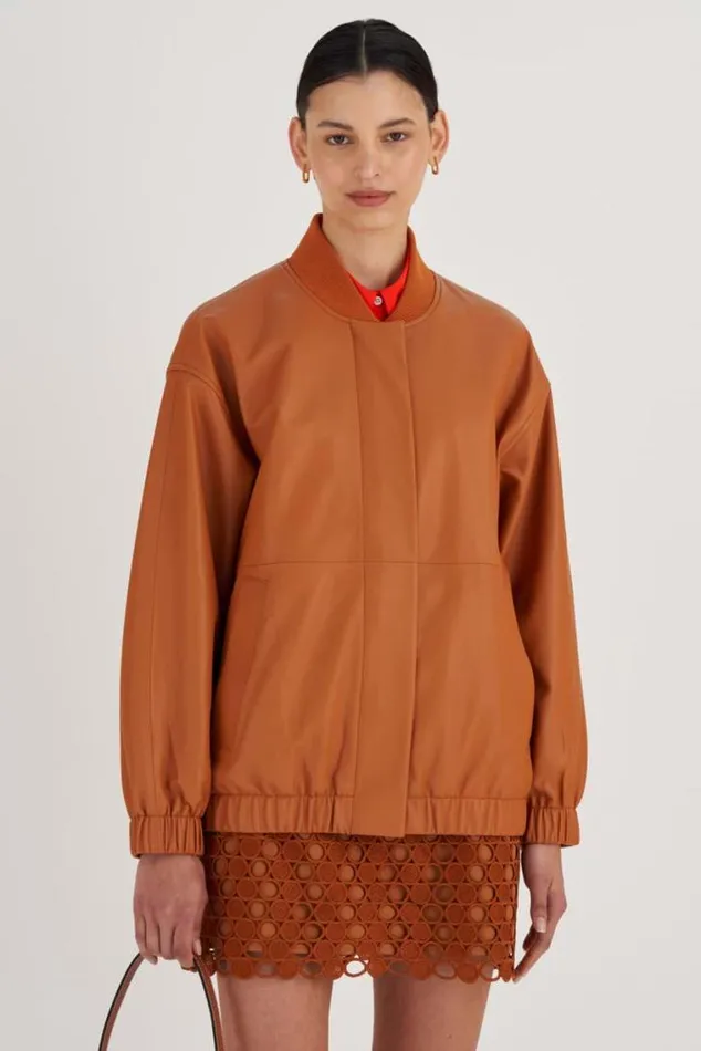 Oroton Jackets and Outerwear Leather Bomber Tan 8211 Women