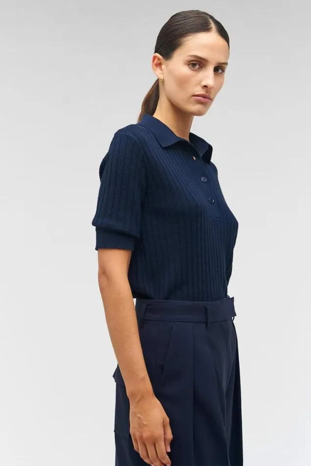 Oroton Knitwear Stitch Rib Polo North Sea 8211 Women