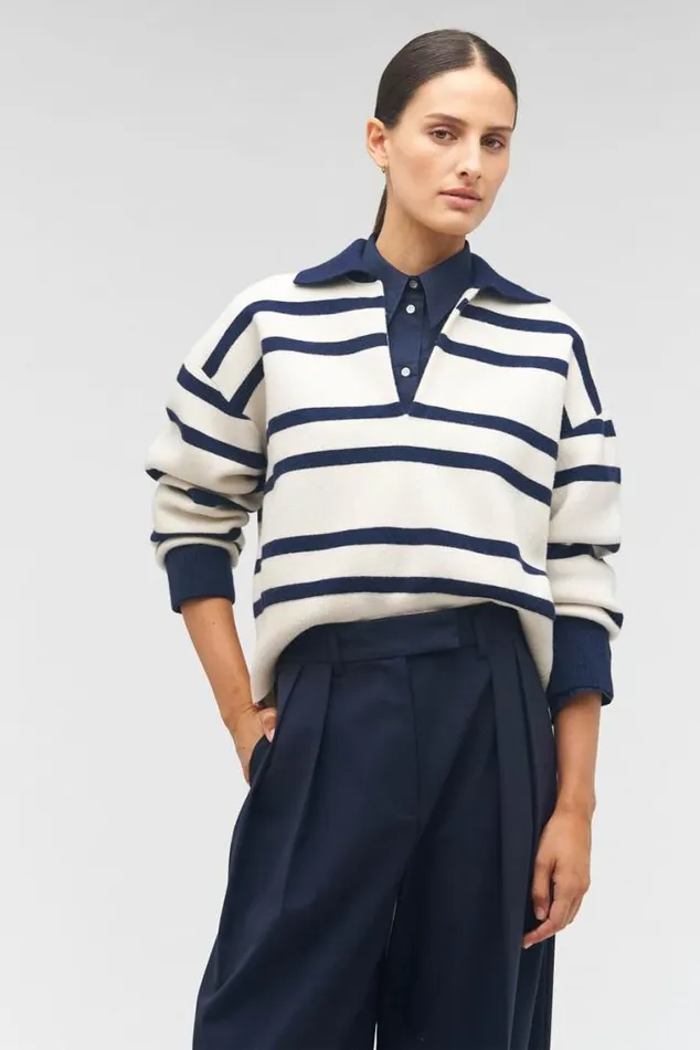 Oroton Knitwear Stripe Polo North Seacream 8211 Women