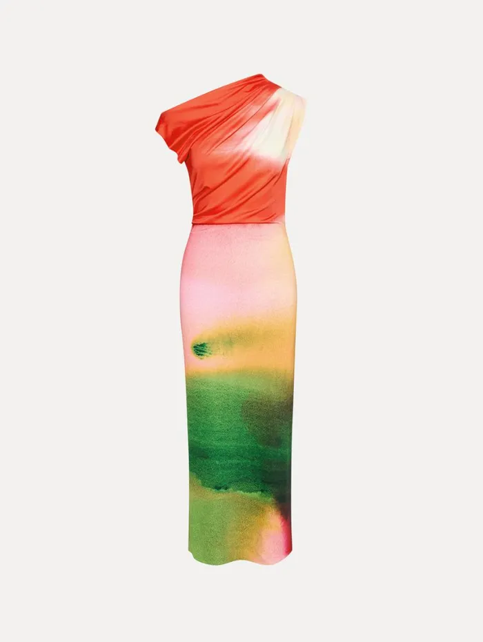 Oscar De La Renta Abstract Watercolor Jersey Dress Vermilion Multi Women Dresses