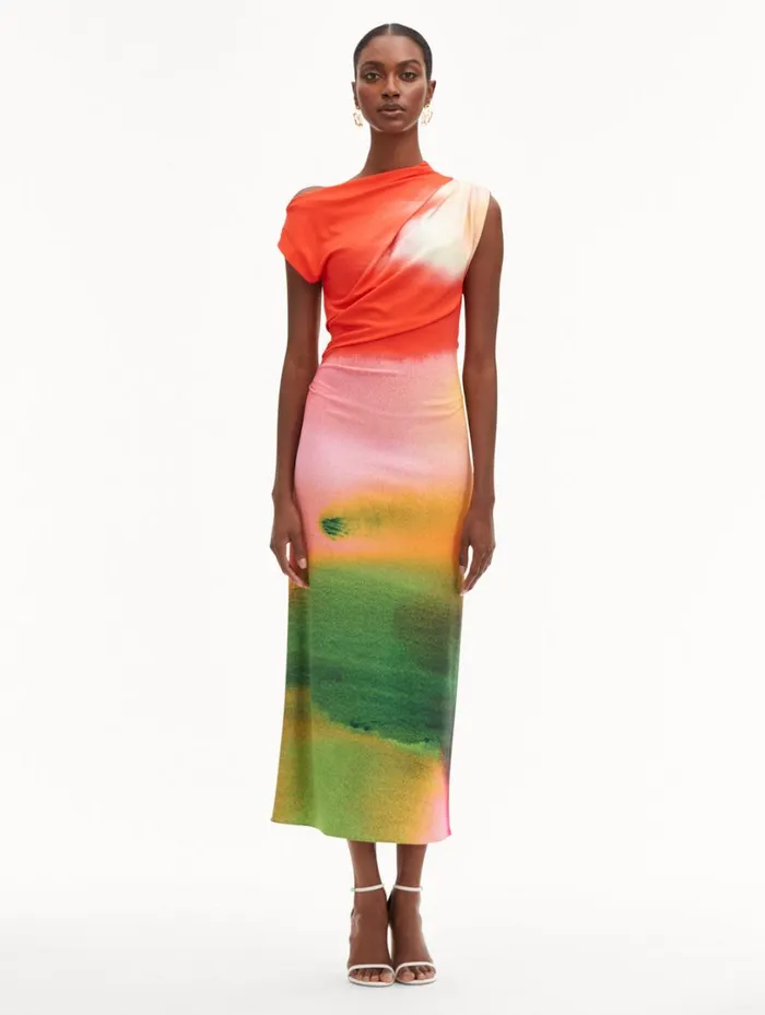 Oscar De La Renta Abstract Watercolor Jersey Dress Vermilion Multi Women Dresses Oscar De La Renta Abstract Watercolor Jersey Dress Vermilion Multi Women Dresses