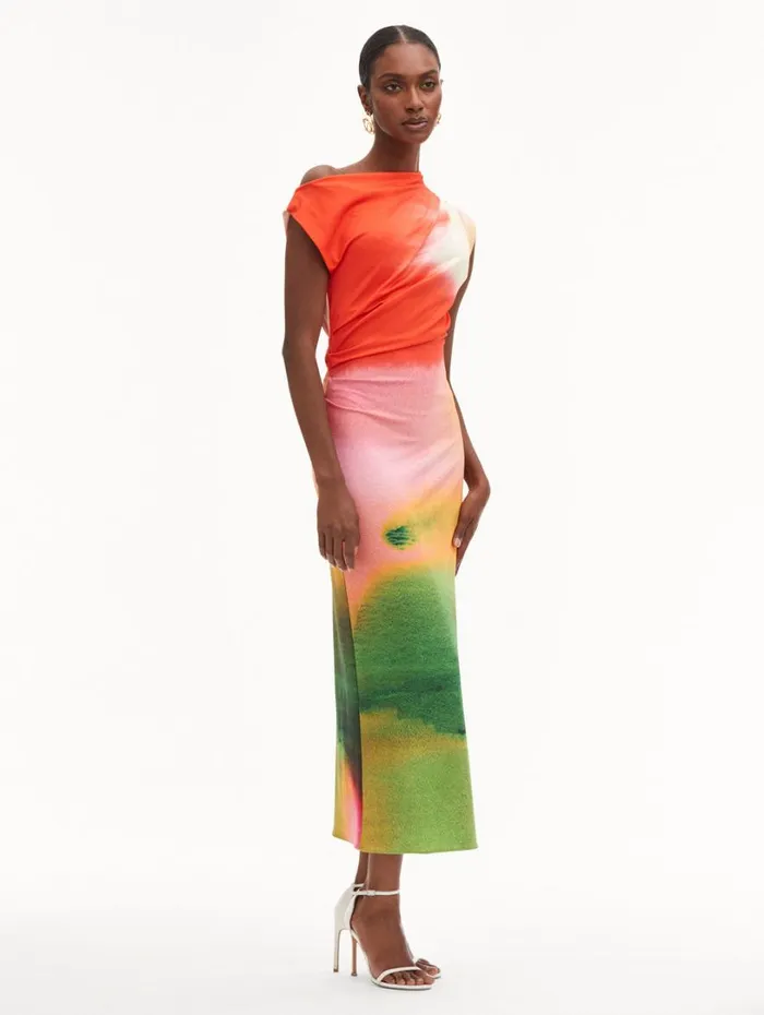 Oscar De La Renta Abstract Watercolor Jersey Dress Vermilion Multi Women Dresses Oscar De La Renta Abstract Watercolor Jersey Dress Vermilion Multi Women Dresses