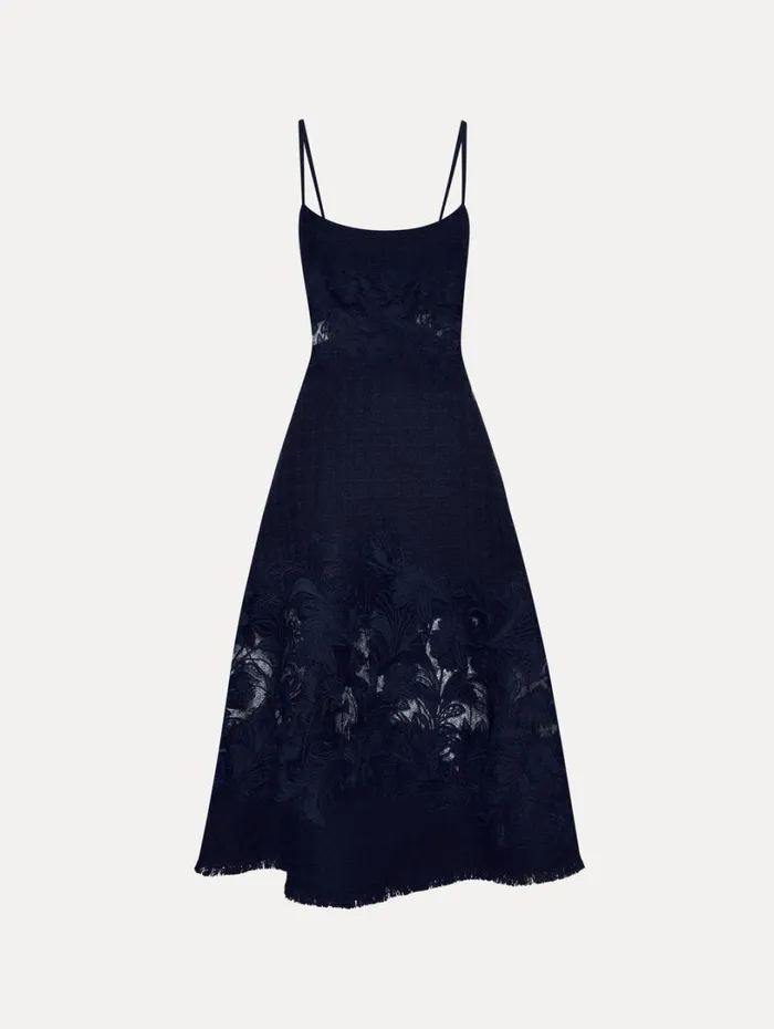 Oscar De La Renta Carnation Guipure Inset Tweed Dress Navy Women Dresses