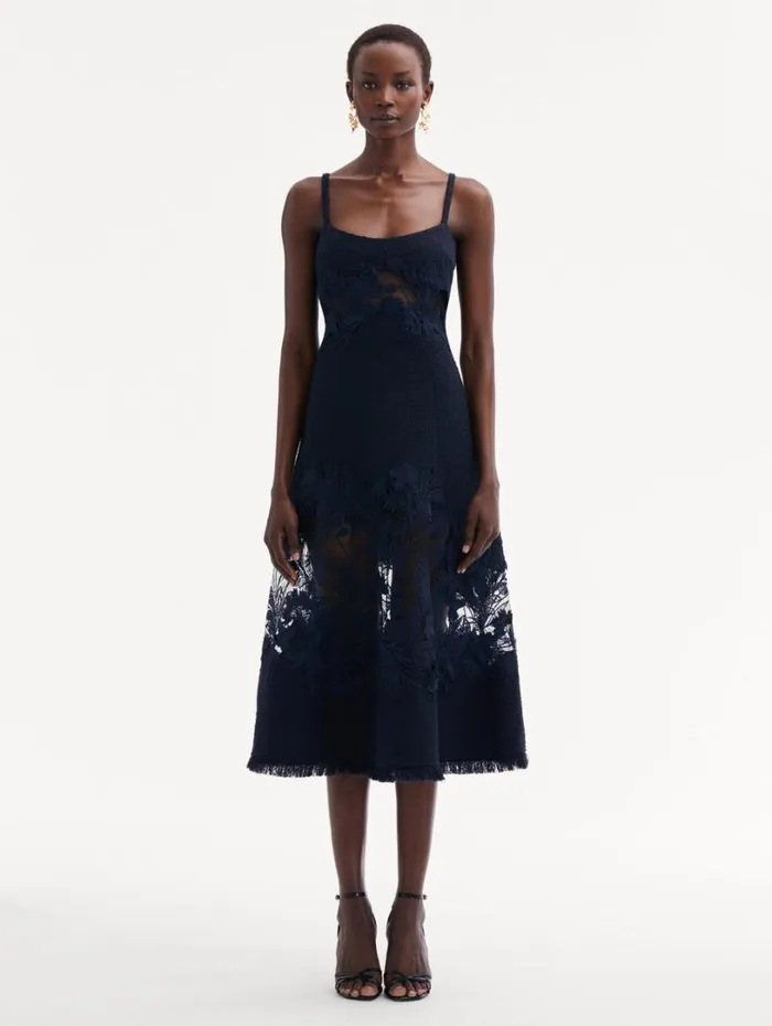 Oscar De La Renta Carnation Guipure Inset Tweed Dress Navy Women Dresses Oscar De La Renta Carnation Guipure Inset Tweed Dress Navy Women Dresses