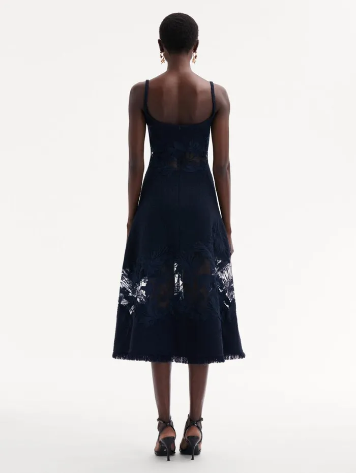 Oscar De La Renta Carnation Guipure Inset Tweed Dress Navy Women Dresses Oscar De La Renta Carnation Guipure Inset Tweed Dress Navy Women Dresses