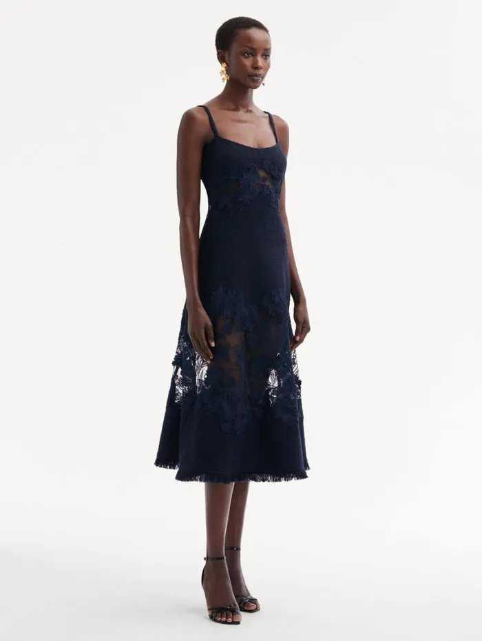 Oscar De La Renta Carnation Guipure Inset Tweed Dress Navy Women Dresses Oscar De La Renta Carnation Guipure Inset Tweed Dress Navy Women Dresses