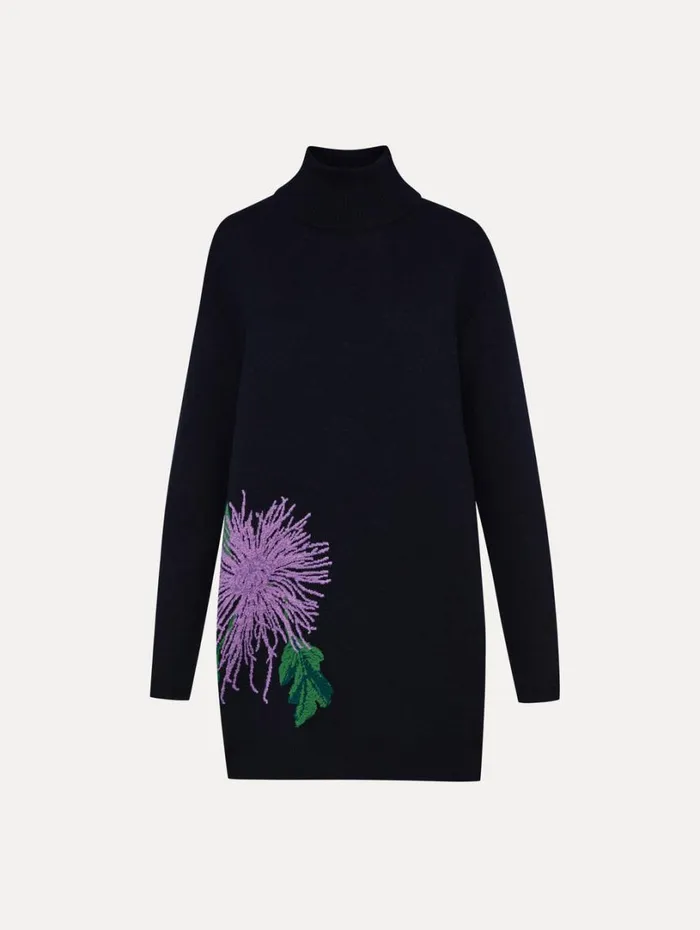Oscar De La Renta Chrysanthemum Jacquard Tunic Dress Purple Navy Women Dresses