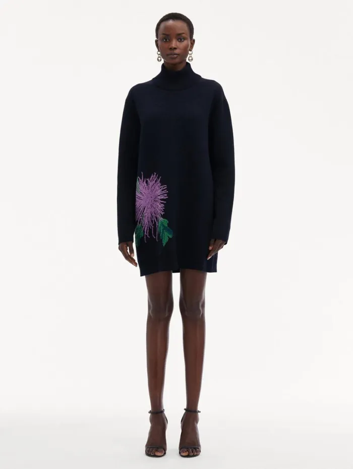 Oscar De La Renta Chrysanthemum Jacquard Tunic Dress Purple Navy Women Dresses