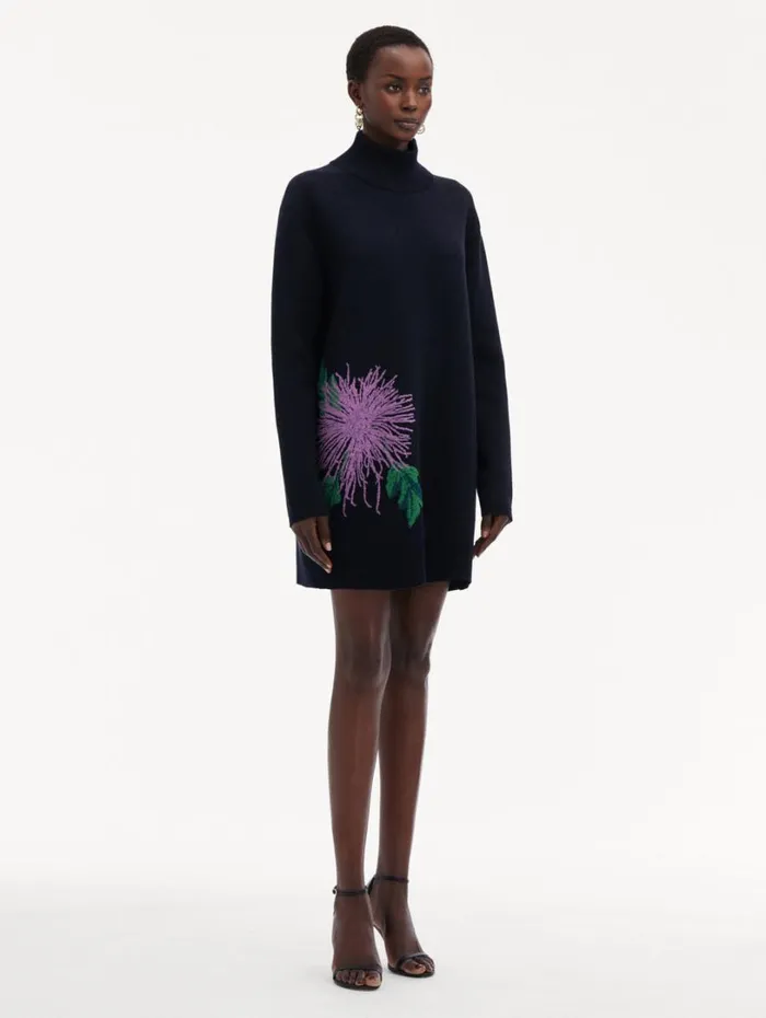 Oscar De La Renta Chrysanthemum Jacquard Tunic Dress Purple Navy Women Dresses
